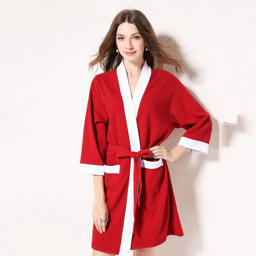 Bata kimono de tejido waffle con escote en V