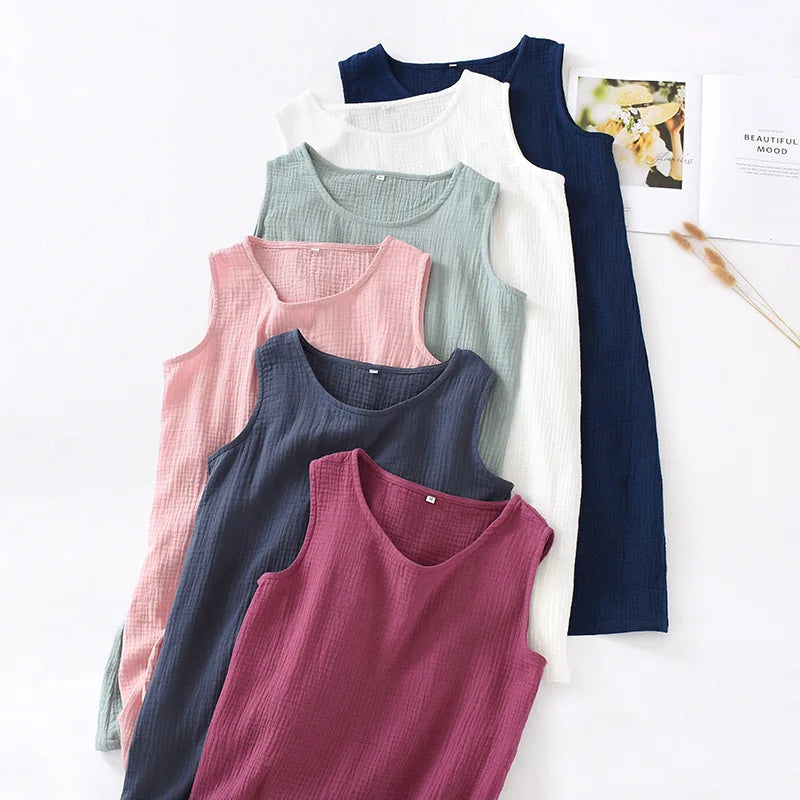 Camisón musculosa de algodón crepé con cuello redondo