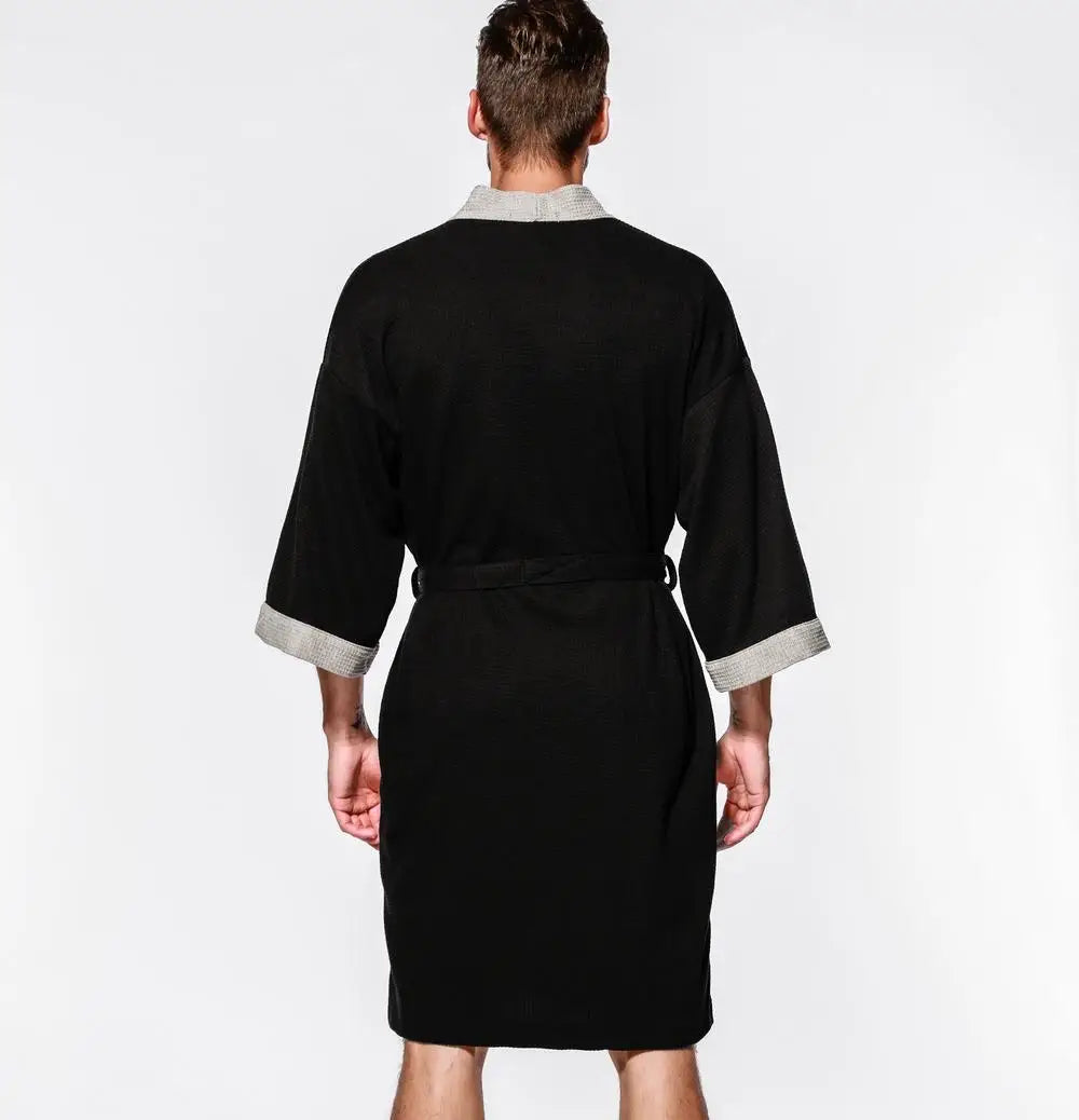 Bata kimono de tejido waffle con escote en V