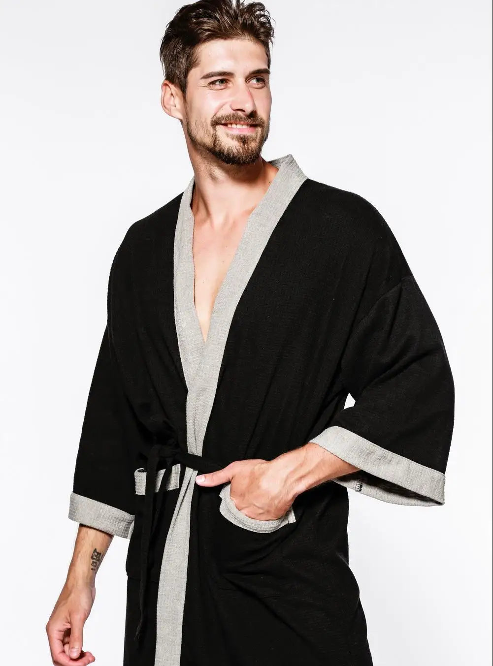 Bata kimono de tejido waffle con escote en V
