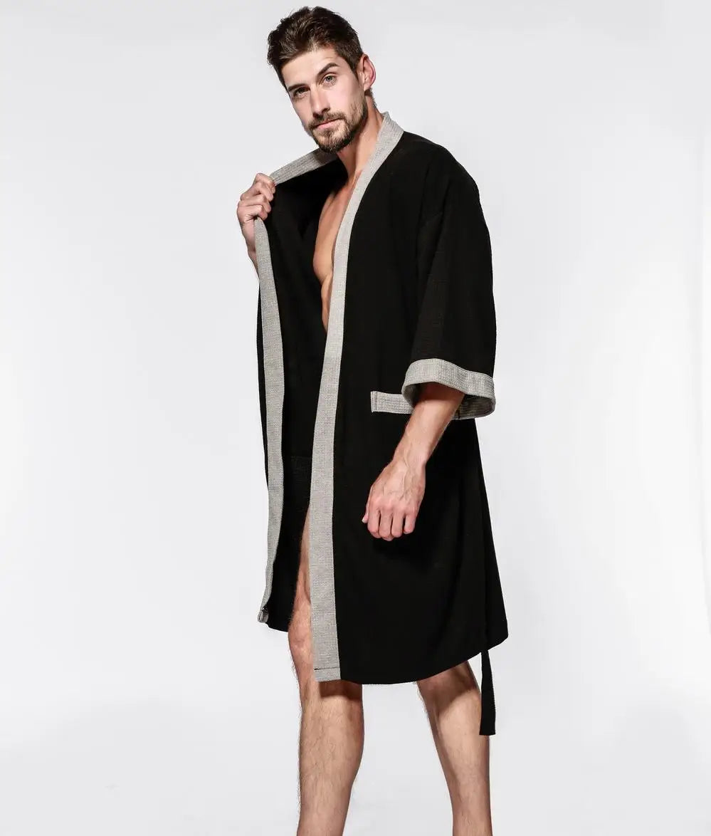 Bata kimono de tejido waffle con escote en V