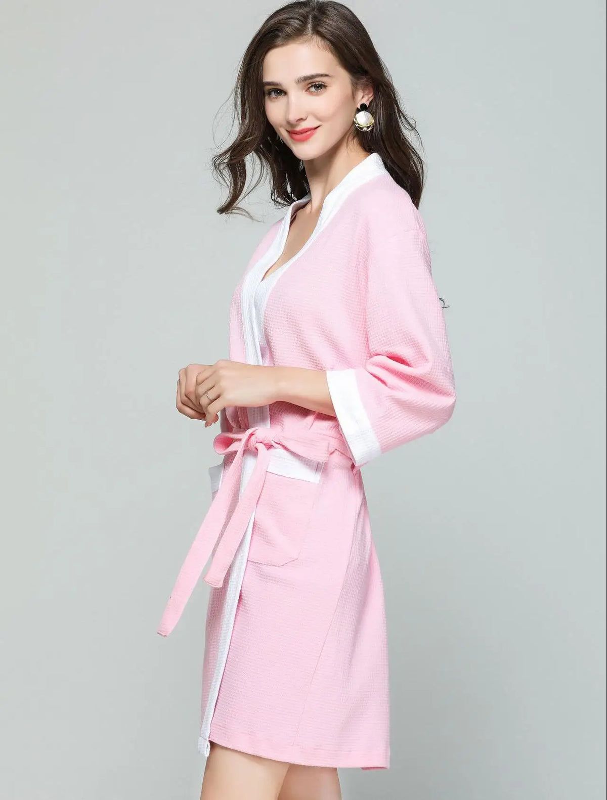 Bata kimono de tejido waffle con escote en V