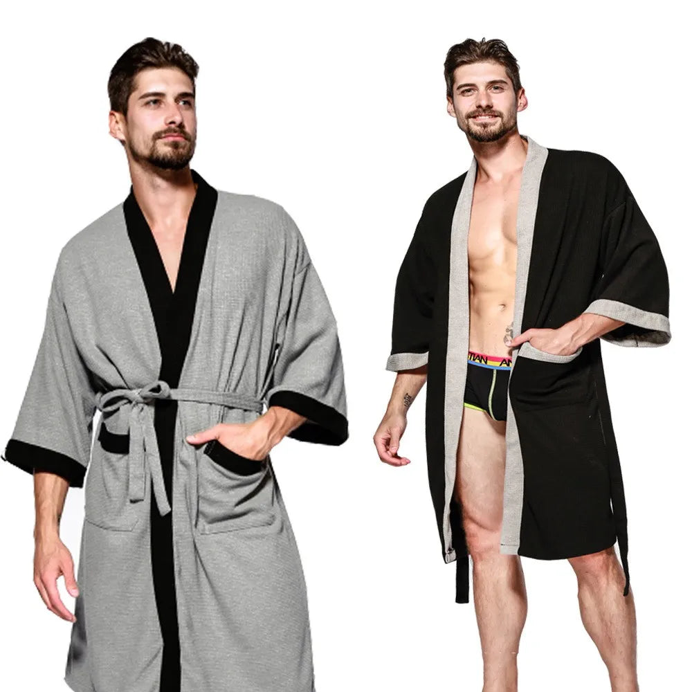 Bata kimono de tejido waffle con escote en V