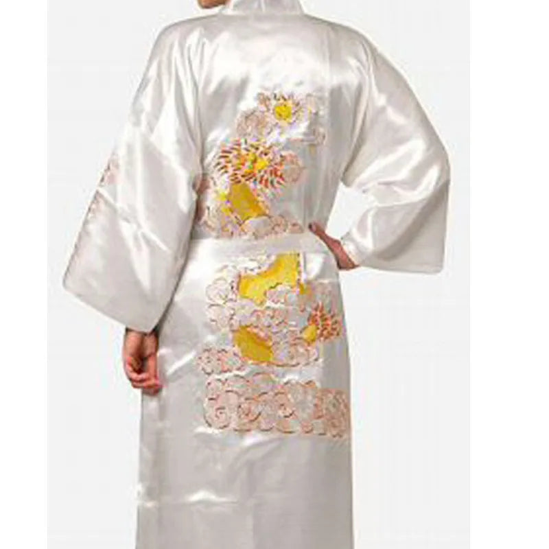 Bata kimono de satén para hombre con dragón bordado