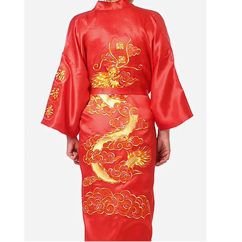 Bata kimono de satén para hombre con dragón bordado