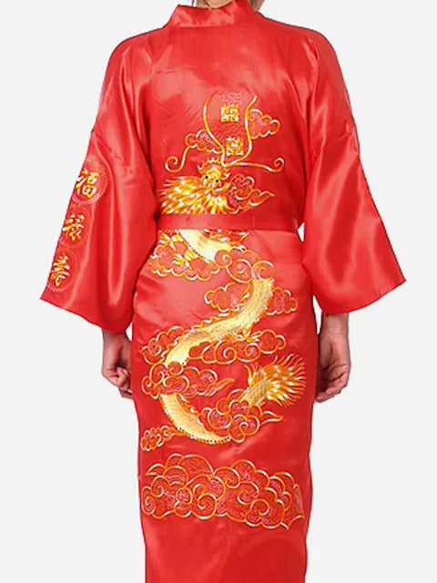 Bata kimono de satén para hombre con dragón bordado