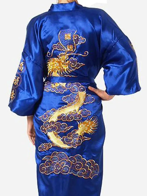 Bata kimono de satén para hombre con dragón bordado