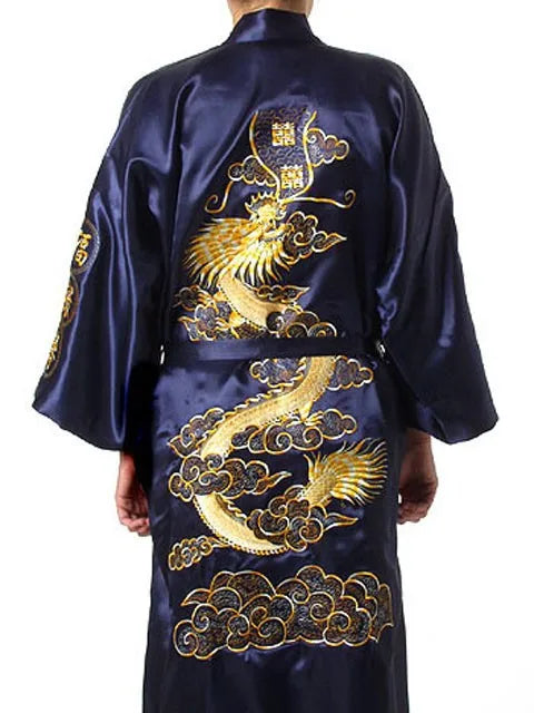 Bata kimono de satén para hombre con dragón bordado