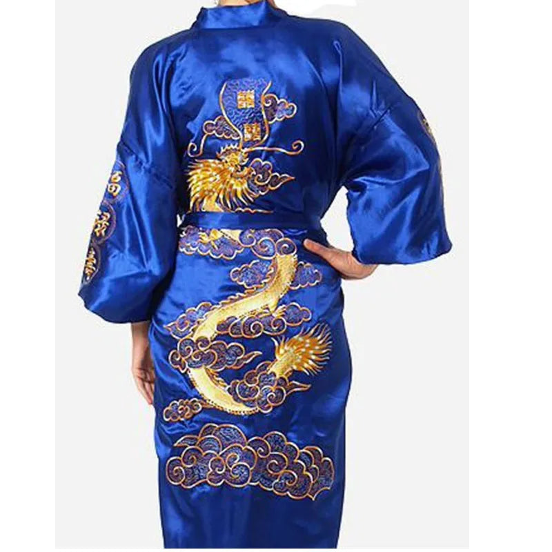 Bata kimono de satén para hombre con dragón bordado