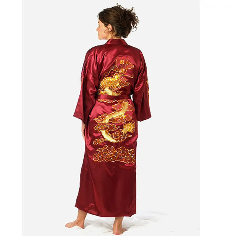 Bata kimono de satén para hombre con dragón bordado