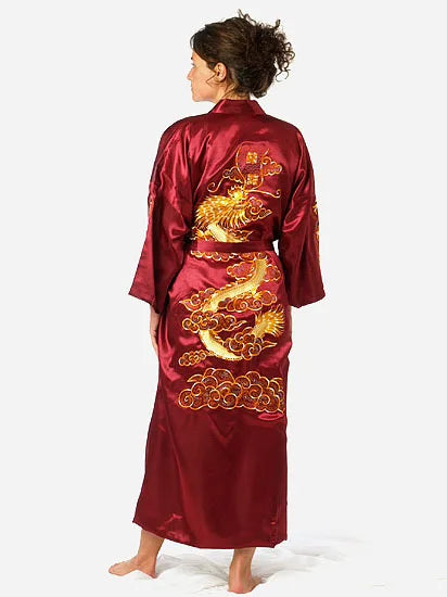 Bata kimono de satén para hombre con dragón bordado