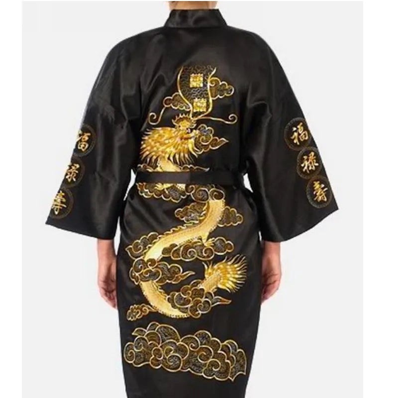 Bata kimono de satén para hombre con dragón bordado