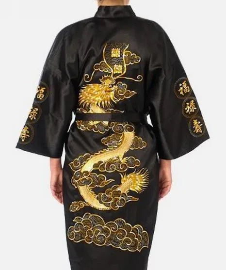 Bata kimono de satén para hombre con dragón bordado