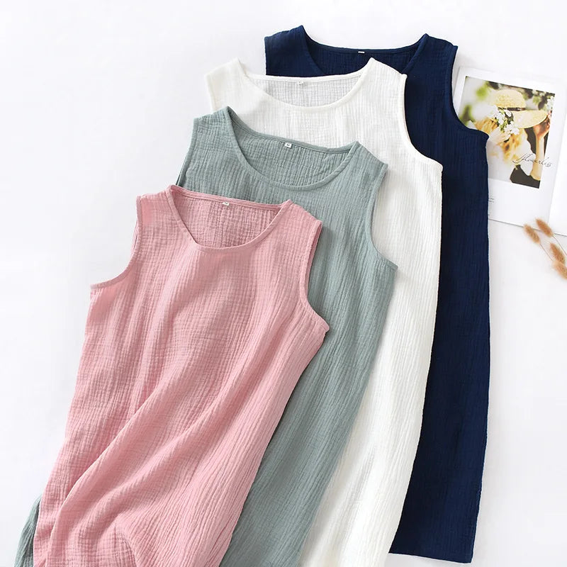 Camisón musculosa de algodón crepé con cuello redondo