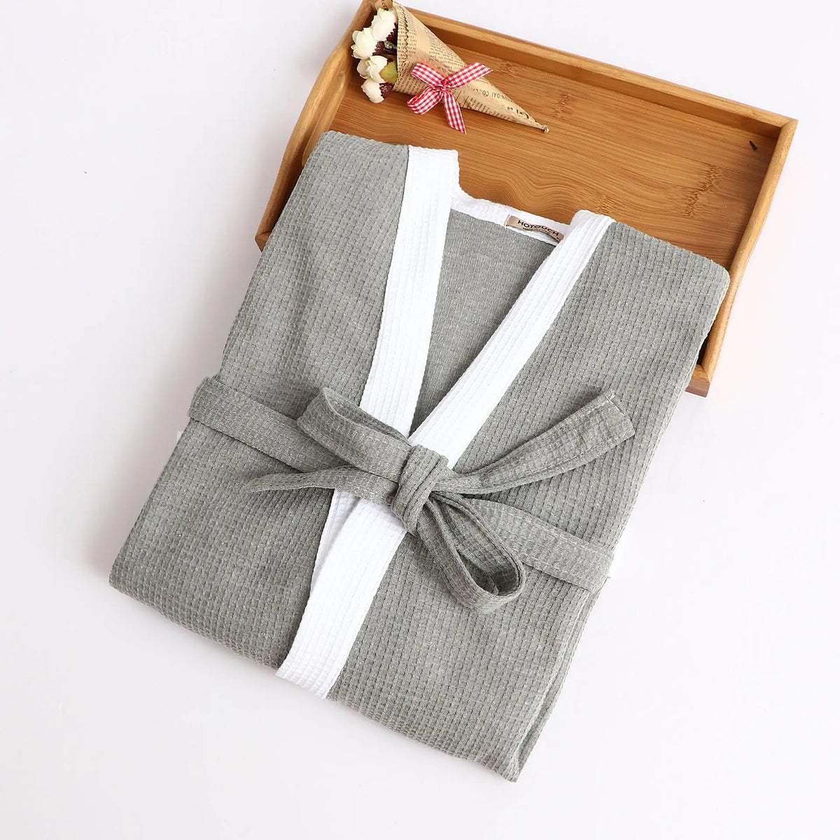Bata kimono de tejido waffle con escote en V