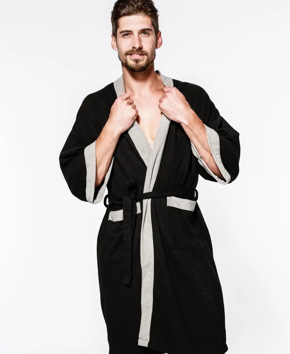 Bata kimono de tejido waffle con escote en V