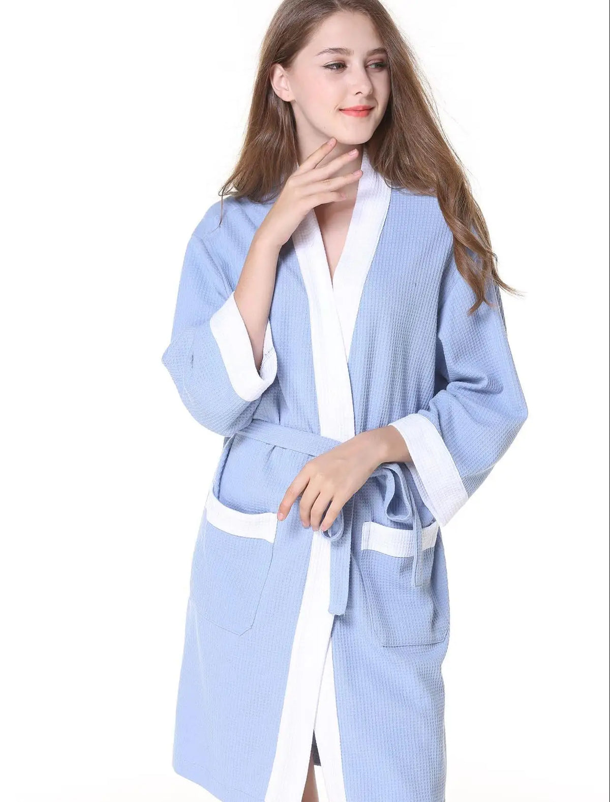 Bata kimono de tejido waffle con escote en V