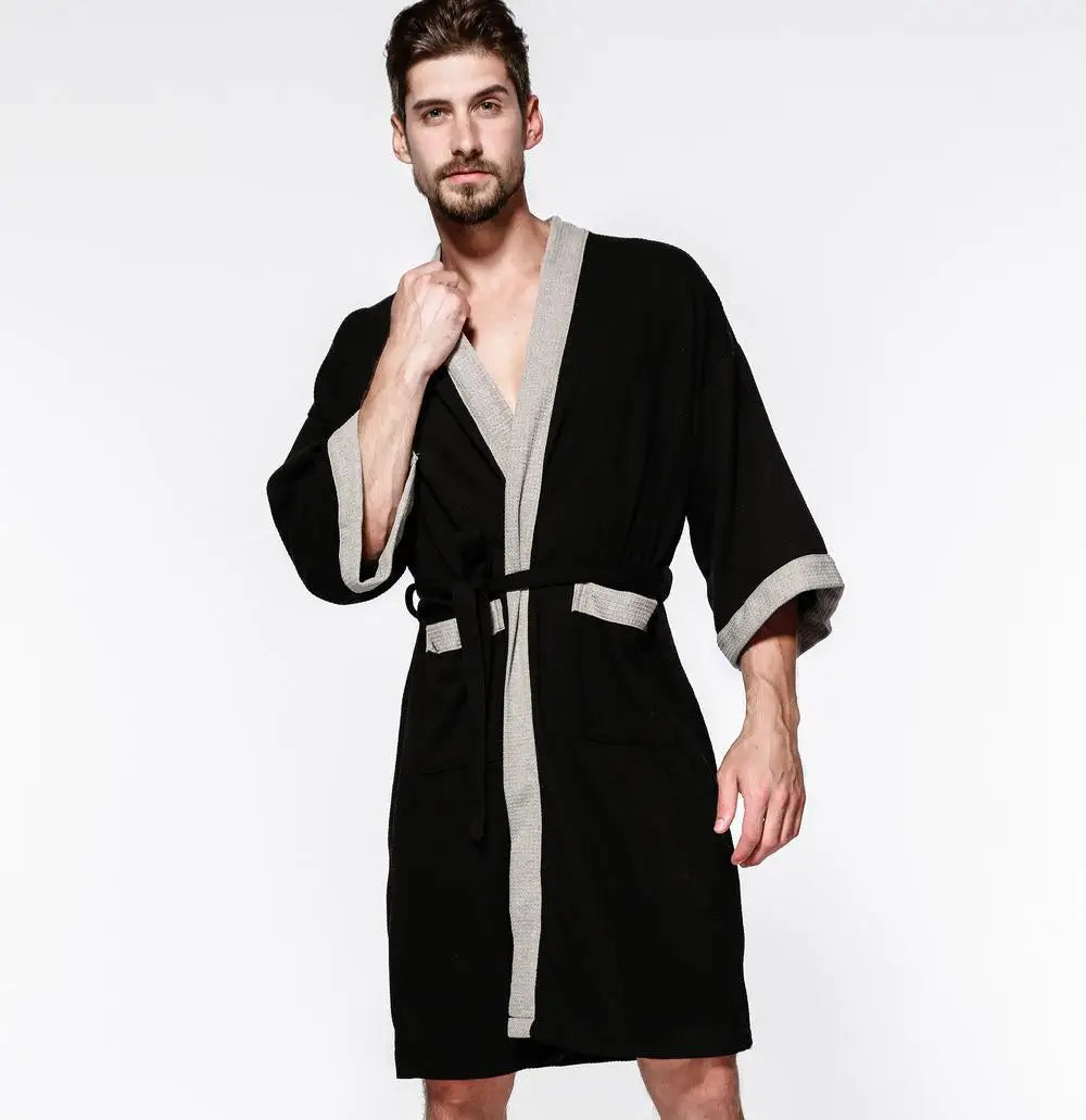Bata kimono de tejido waffle con escote en V