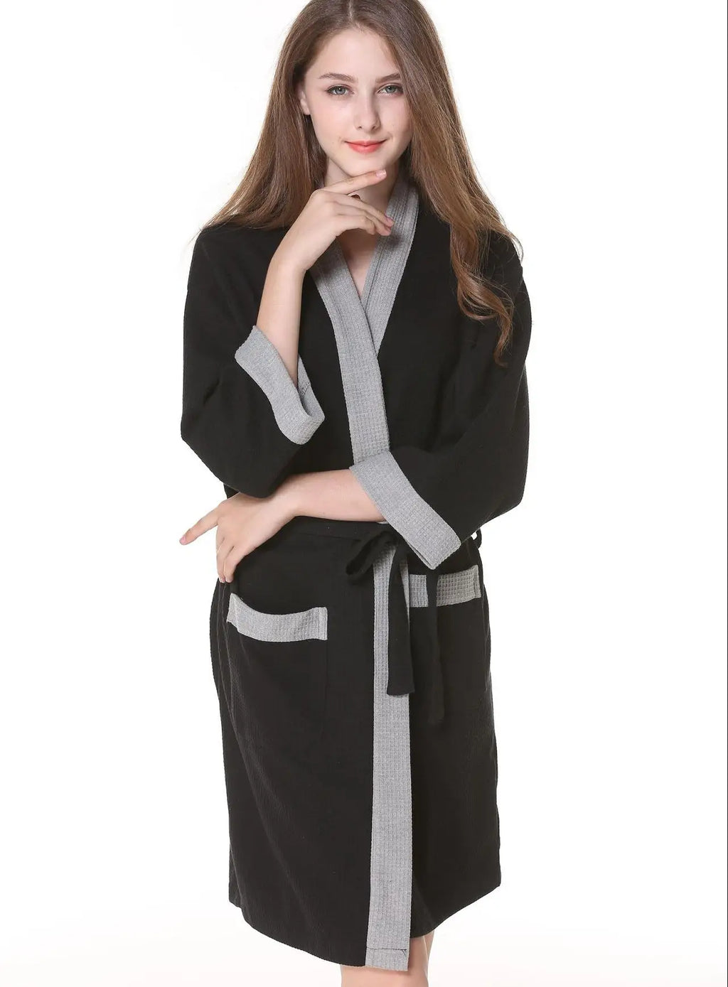 Bata kimono de tejido waffle con escote en V