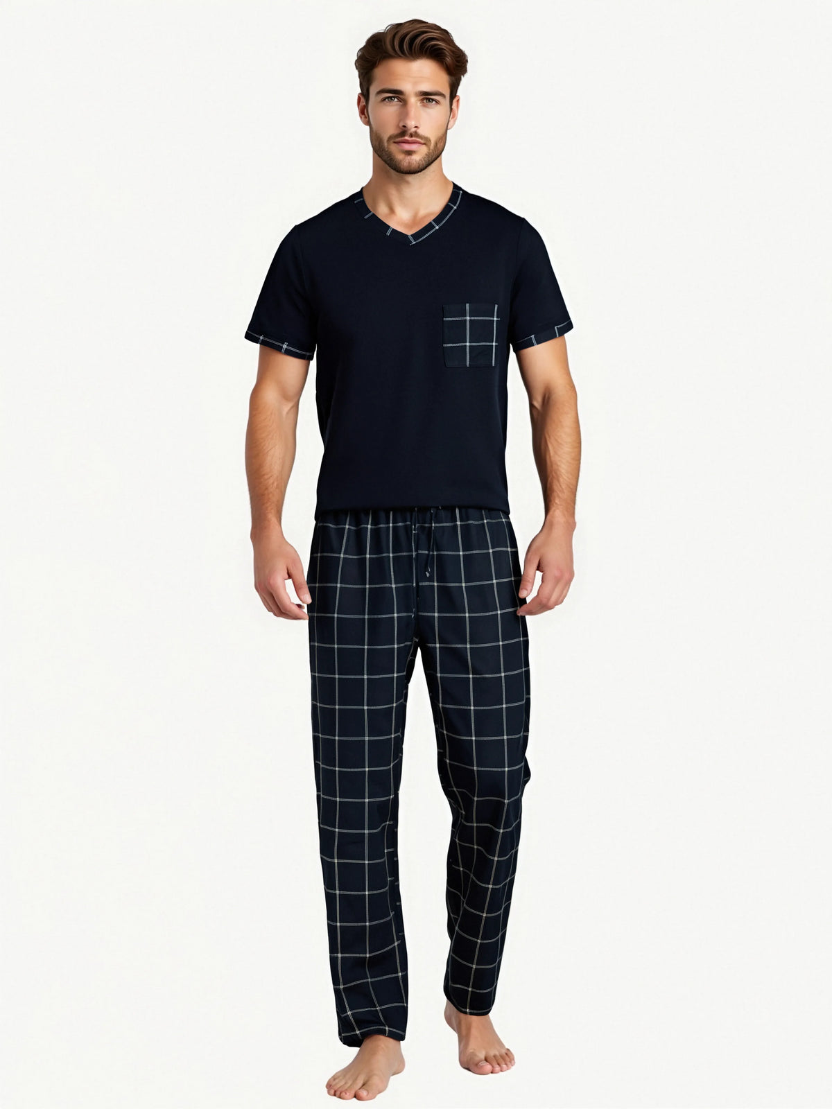 Pijama para hombre con cuello en V y pantalón a cuadros