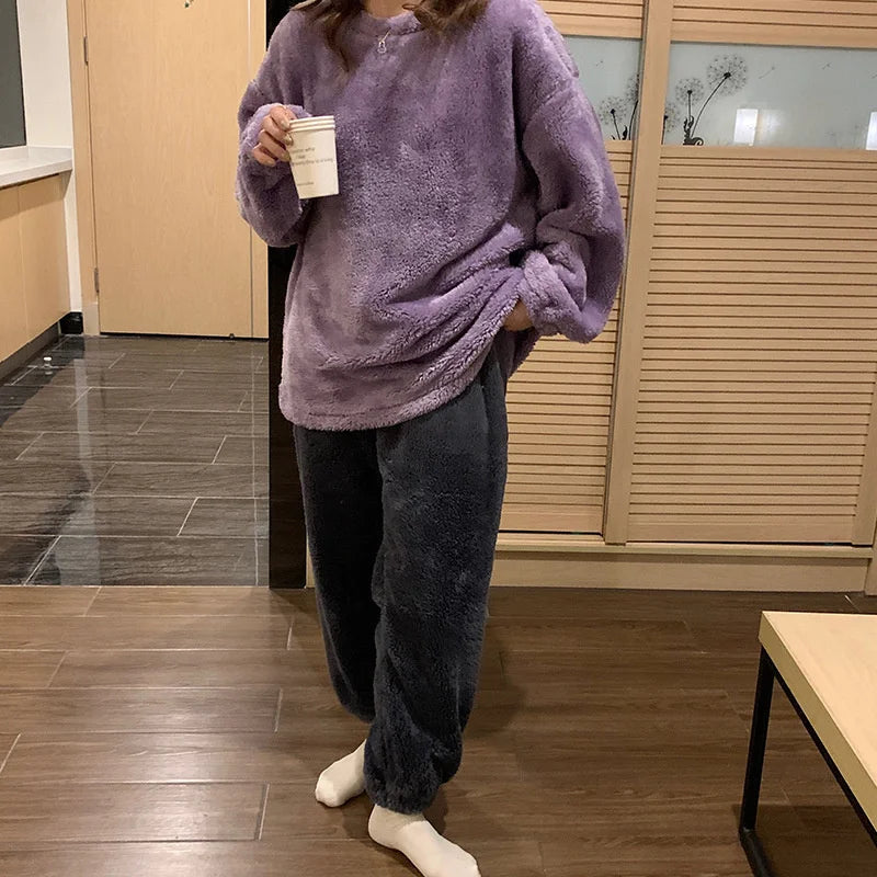 Pijama de polar liso para mujer de dos piezas