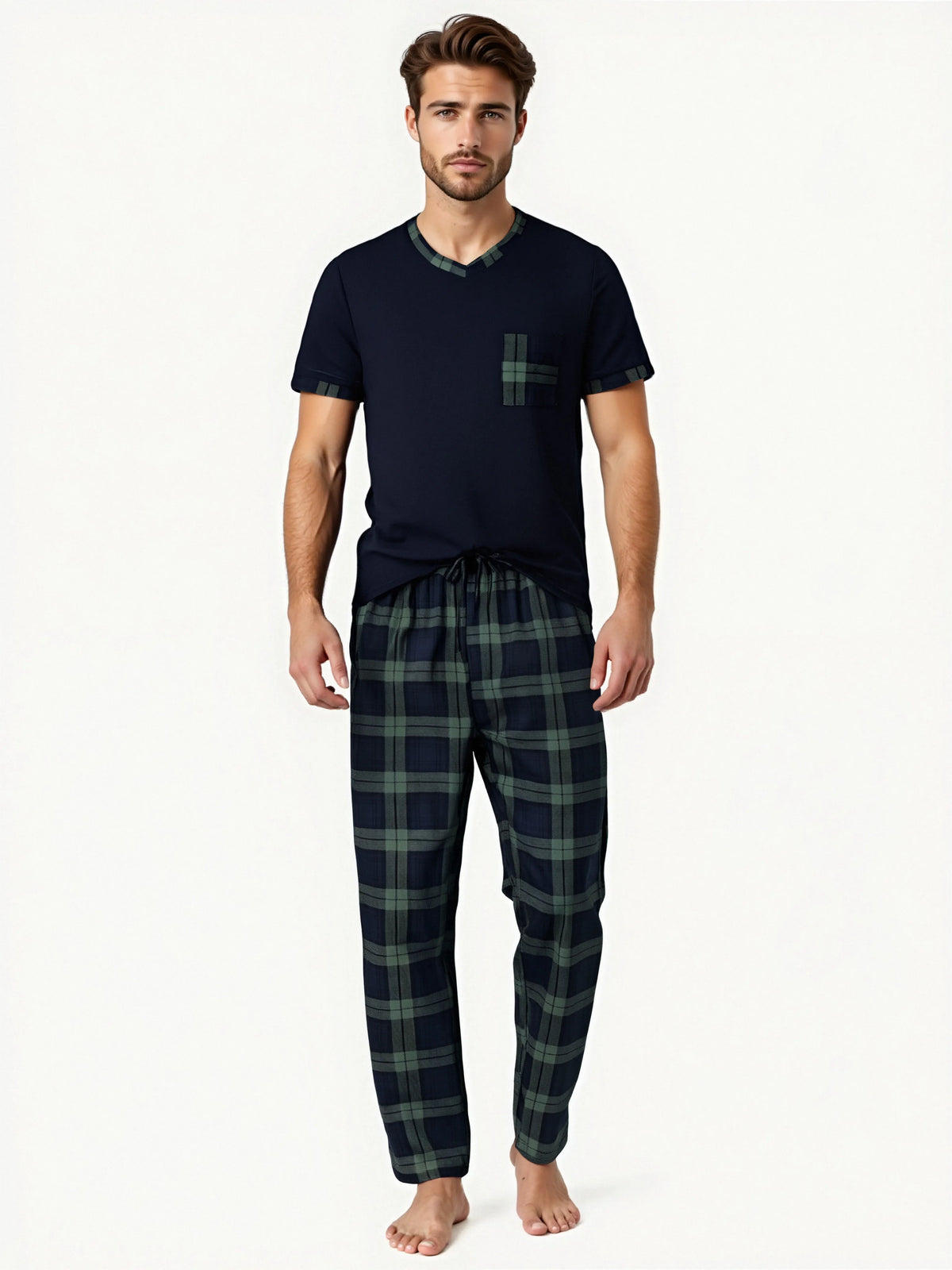 Pijama para hombre con cuello en V y pantalón a cuadros