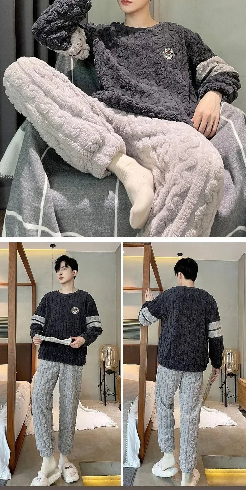 Pijama largo para hombre de cuello redondo