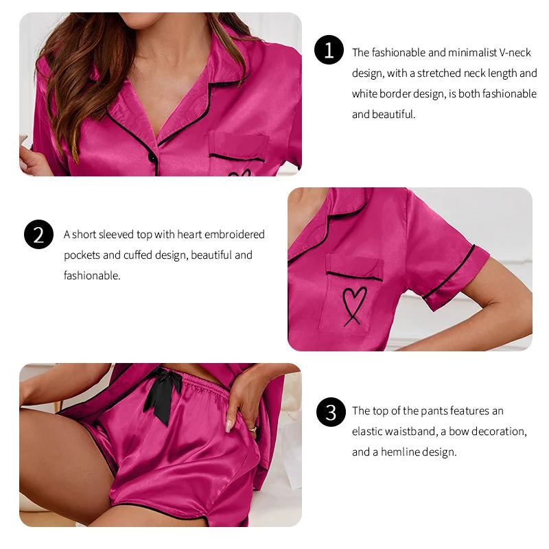 Pijama camisero corto con bolsillo y corazón bordado