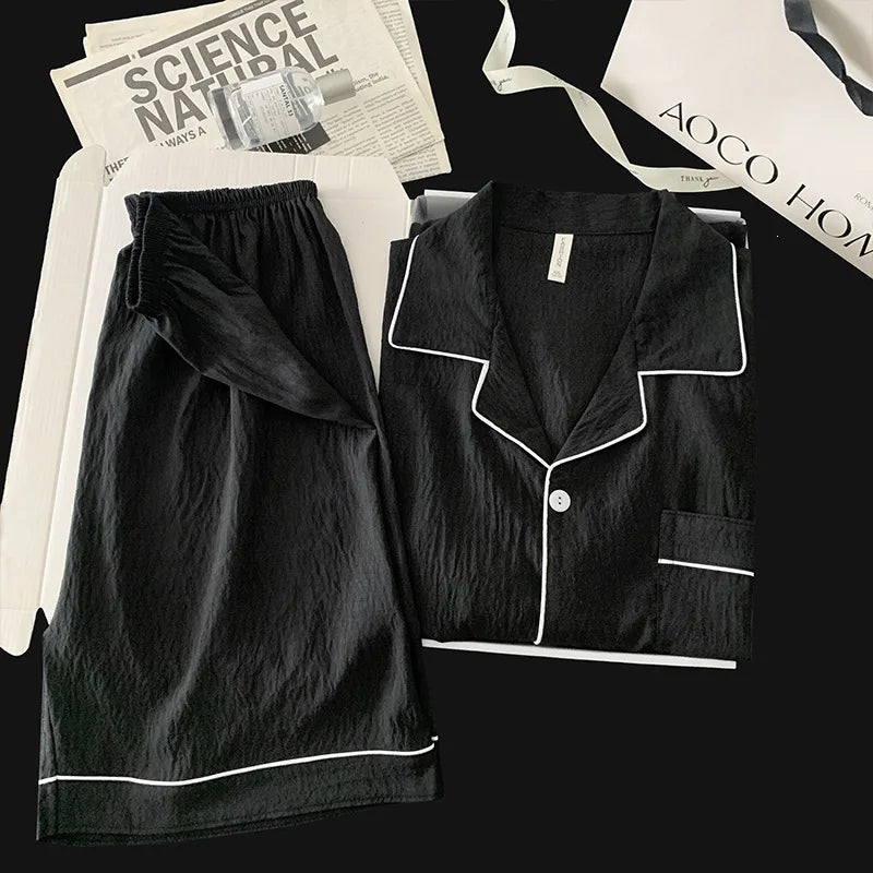 Pijama liso para hombre con cuello camisero y short