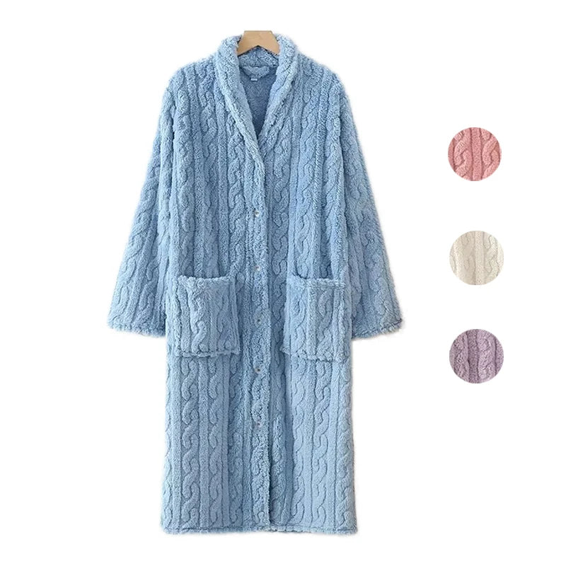 Bata para mujer de invierno con botones y escote en V