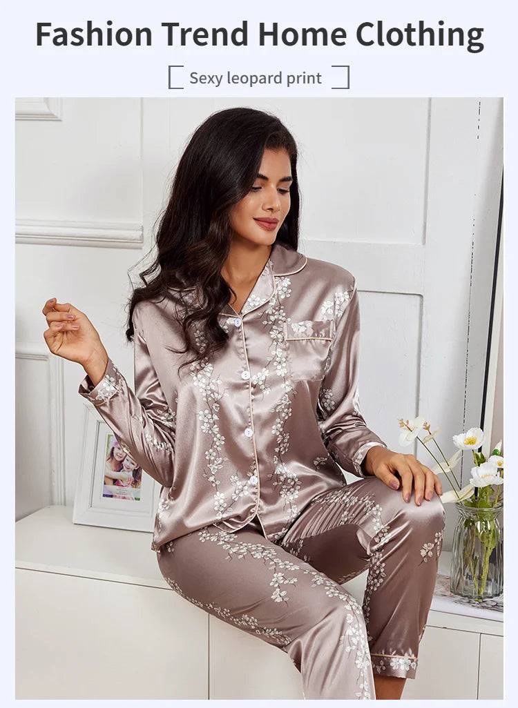 Pijama camisero de satén estampado con pantalón largo