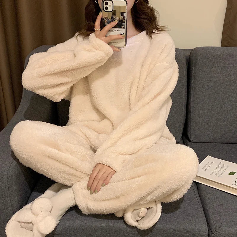Pijama de polar liso para mujer de dos piezas