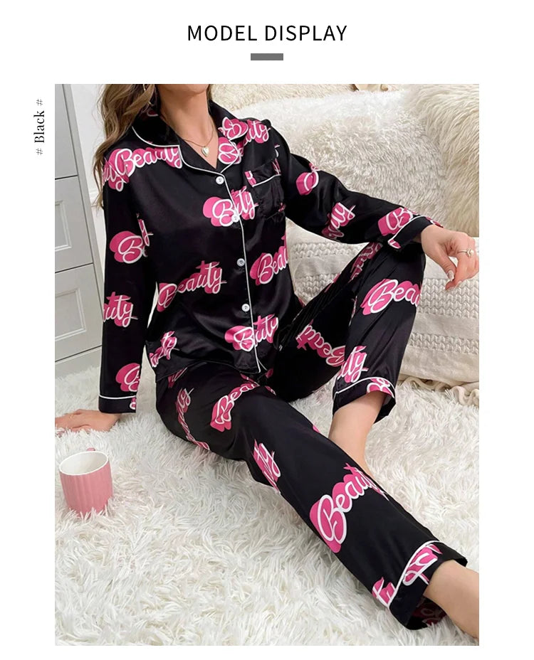 Pijama camisero de satén con estampado de gatos