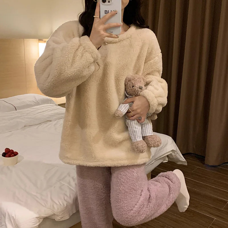 Pijama de polar liso para mujer de dos piezas