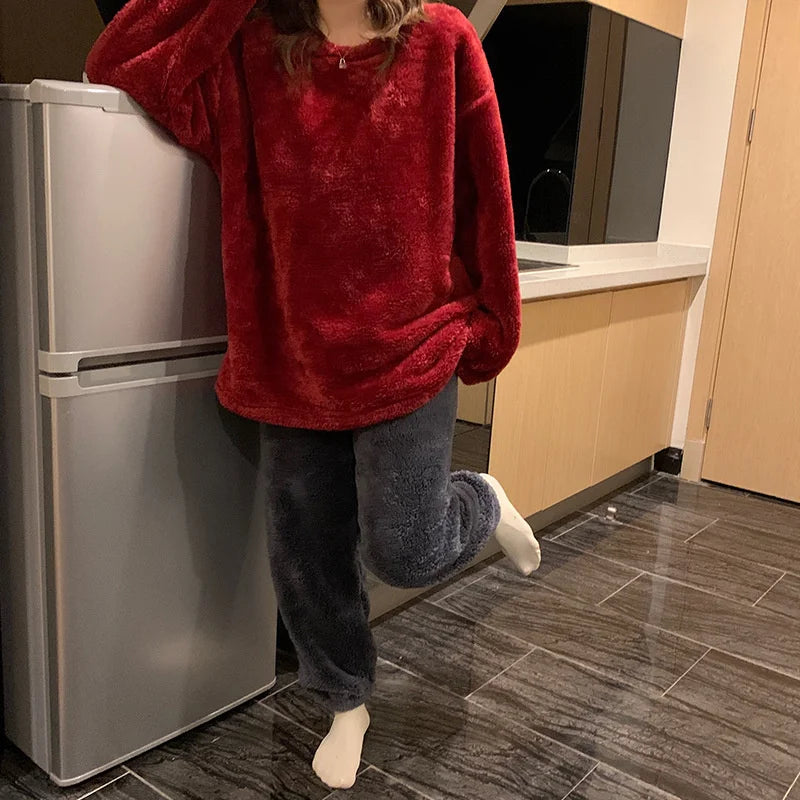 Pijama de polar liso para mujer de dos piezas