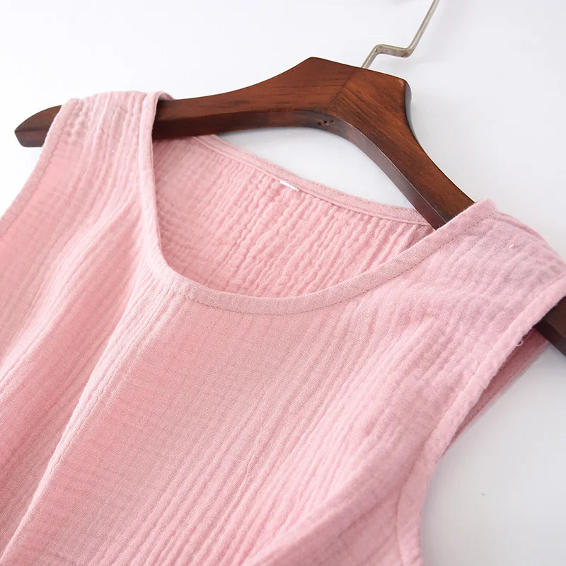 Camisón musculosa de algodón crepé con cuello redondo