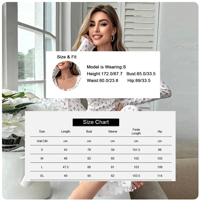 Pijama floral de manga larga con bordes ondulados