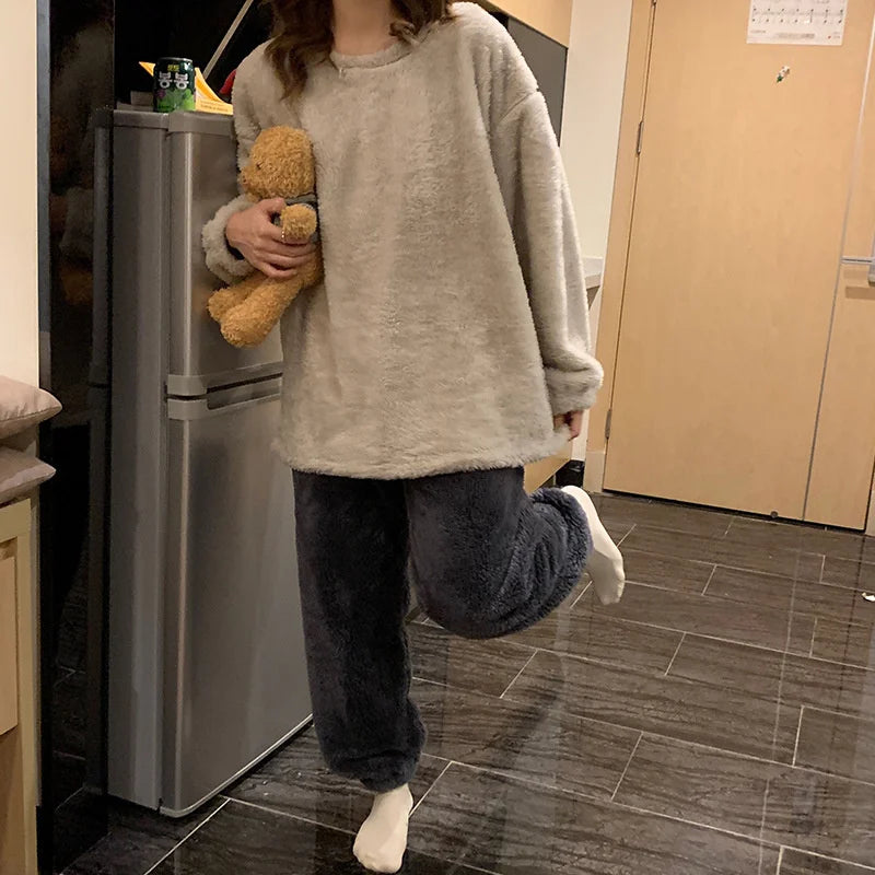 Pijama de polar liso para mujer de dos piezas