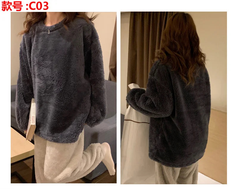Pijama de polar liso para mujer de dos piezas