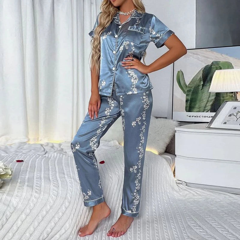 Pijama camisero de satén estampado con pantalón largo