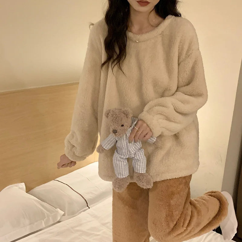 Pijama de polar liso para mujer de dos piezas