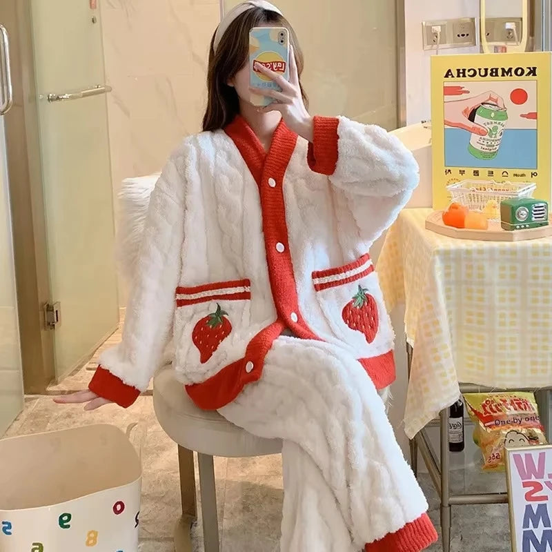 Pijama grueso estampado para mujer con escote en V