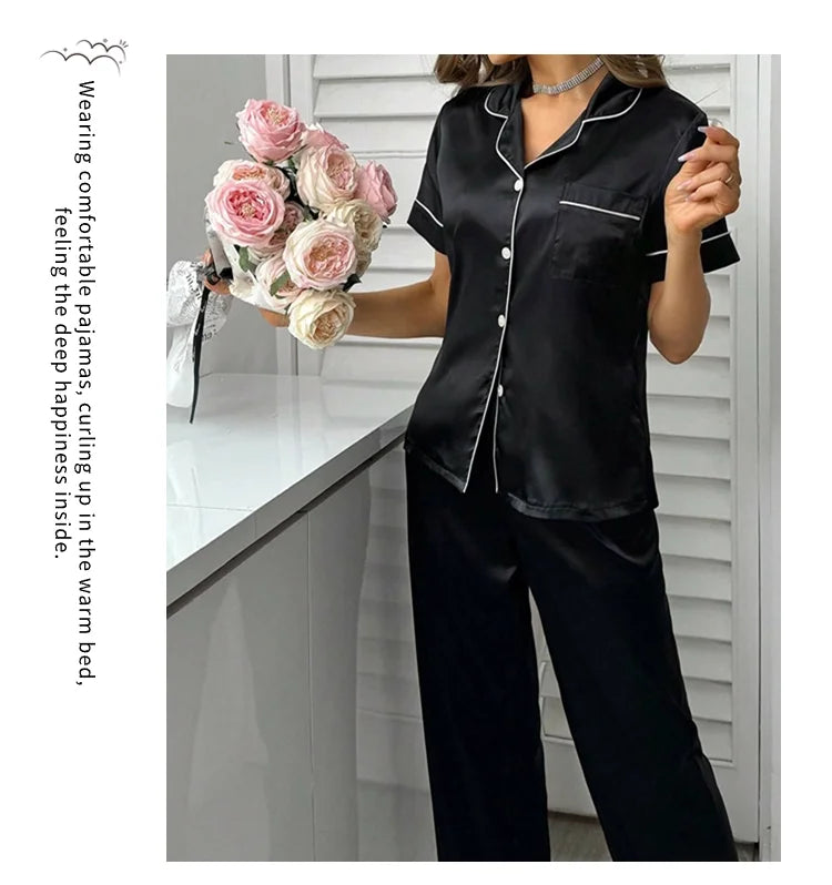 Pijama camisero de manga corta y pantalón satinado