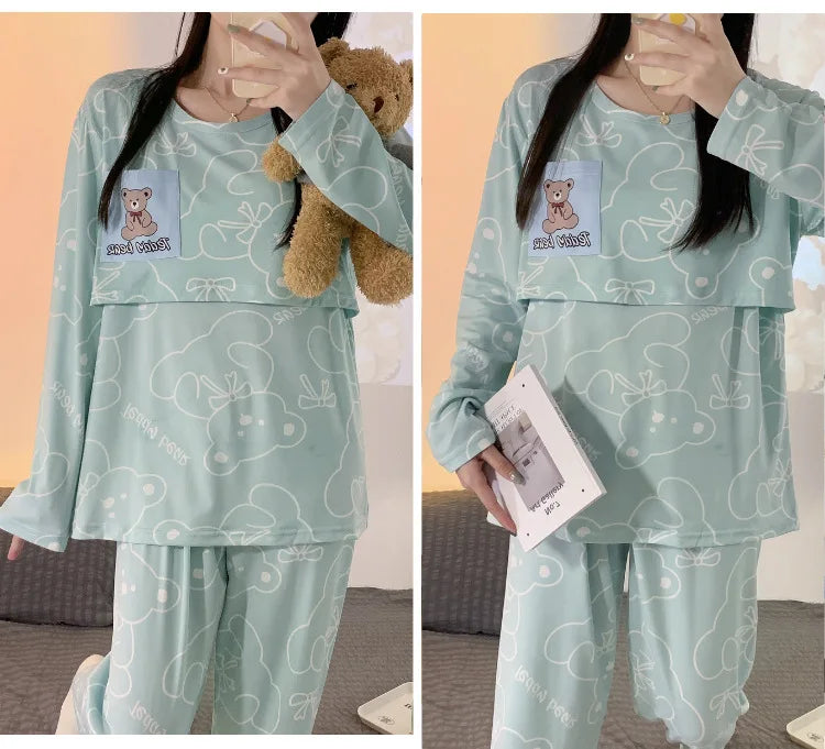 Pijama largo de lactancia de dos piezas estampado