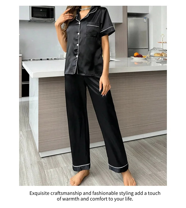 Pijama camisero de manga corta y pantalón satinado
