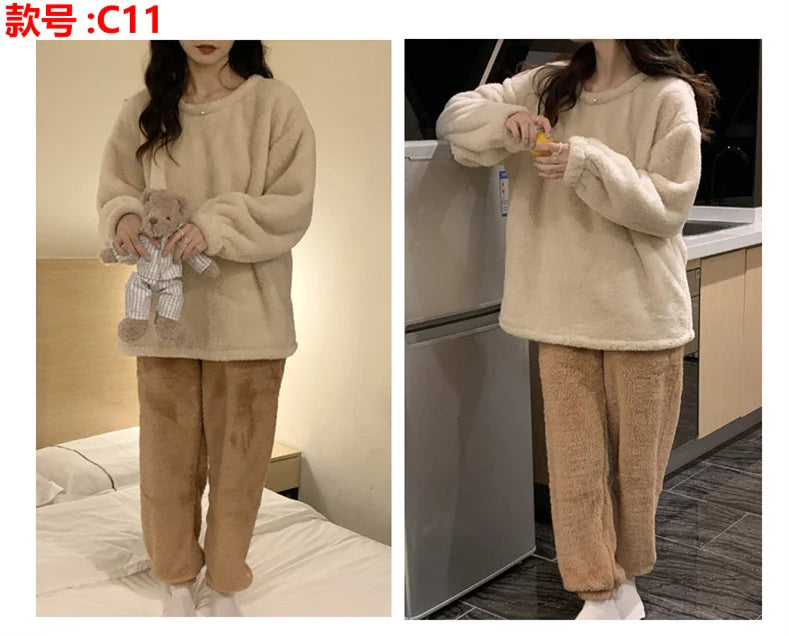 Pijama de polar liso para mujer de dos piezas