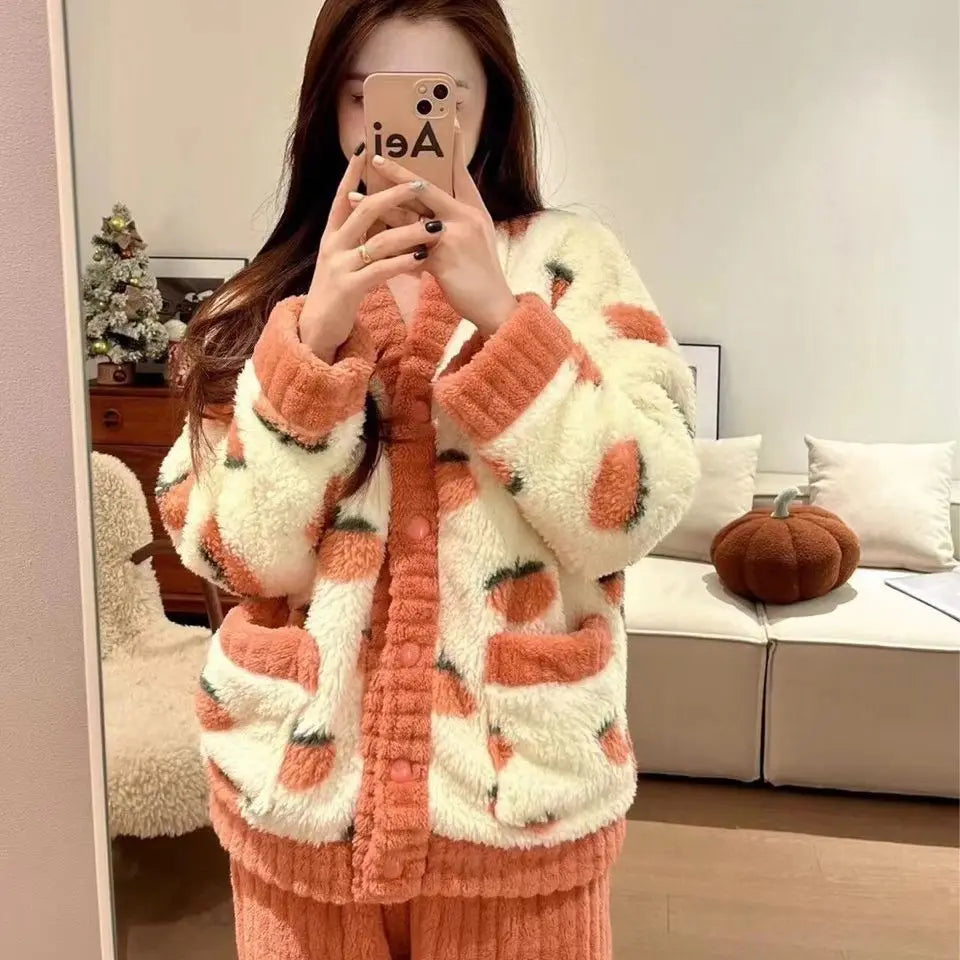 Pijama grueso estampado para mujer con escote en V