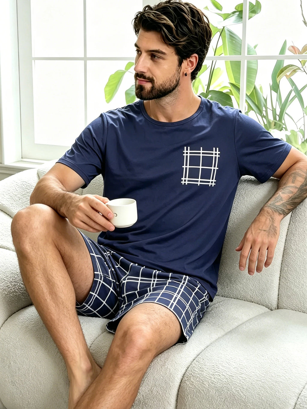 Pijama de remera y short a cuadros para hombre