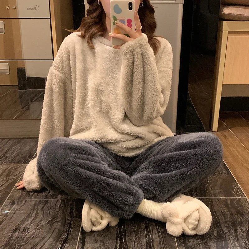 Pijama de polar liso para mujer de dos piezas