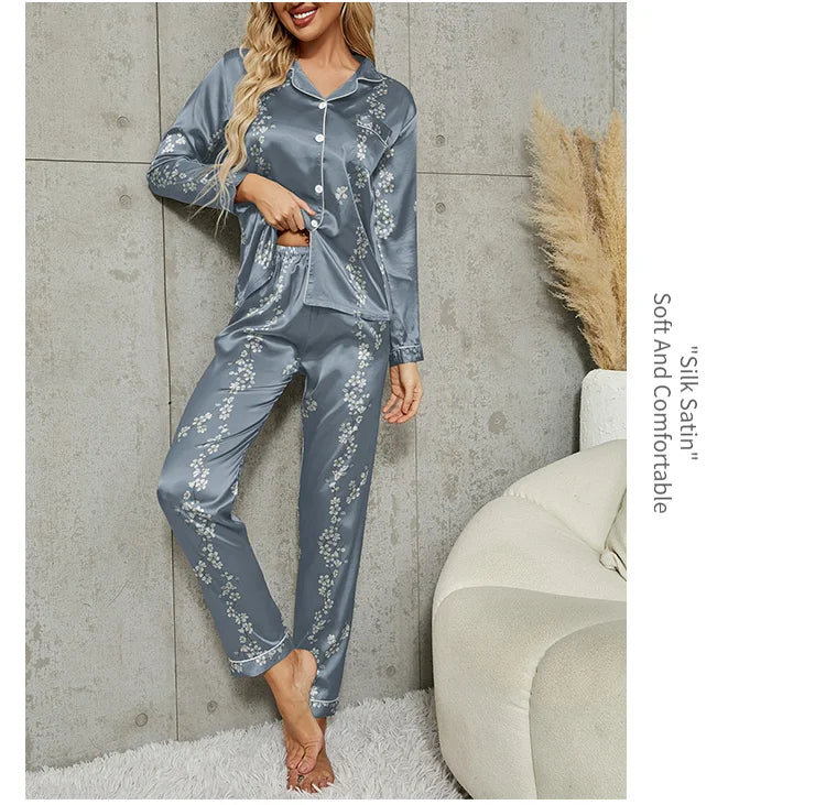 Pijama camisero de satén estampado con pantalón largo